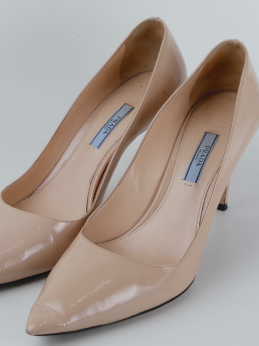 Prada Nude Beige Patent Leather Pointed Toe Pumps Heels Size 39.5 - Picture 13 of 16